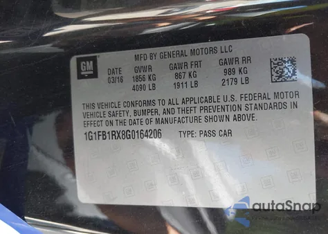 2016 Chevrolet Camaro 1Lt из США, поврежденный, VIN 1G1FB1RX8G0164206